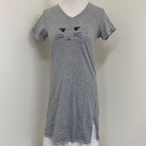 Gray kitty face nightgown with sides split girls Size Small - Picture 1 of 7